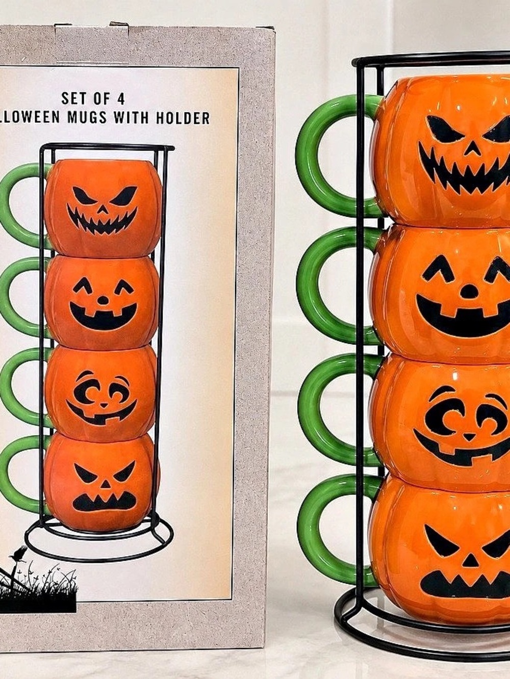 Cracker Barrel Set of 4 Halloween Mugs with Holder